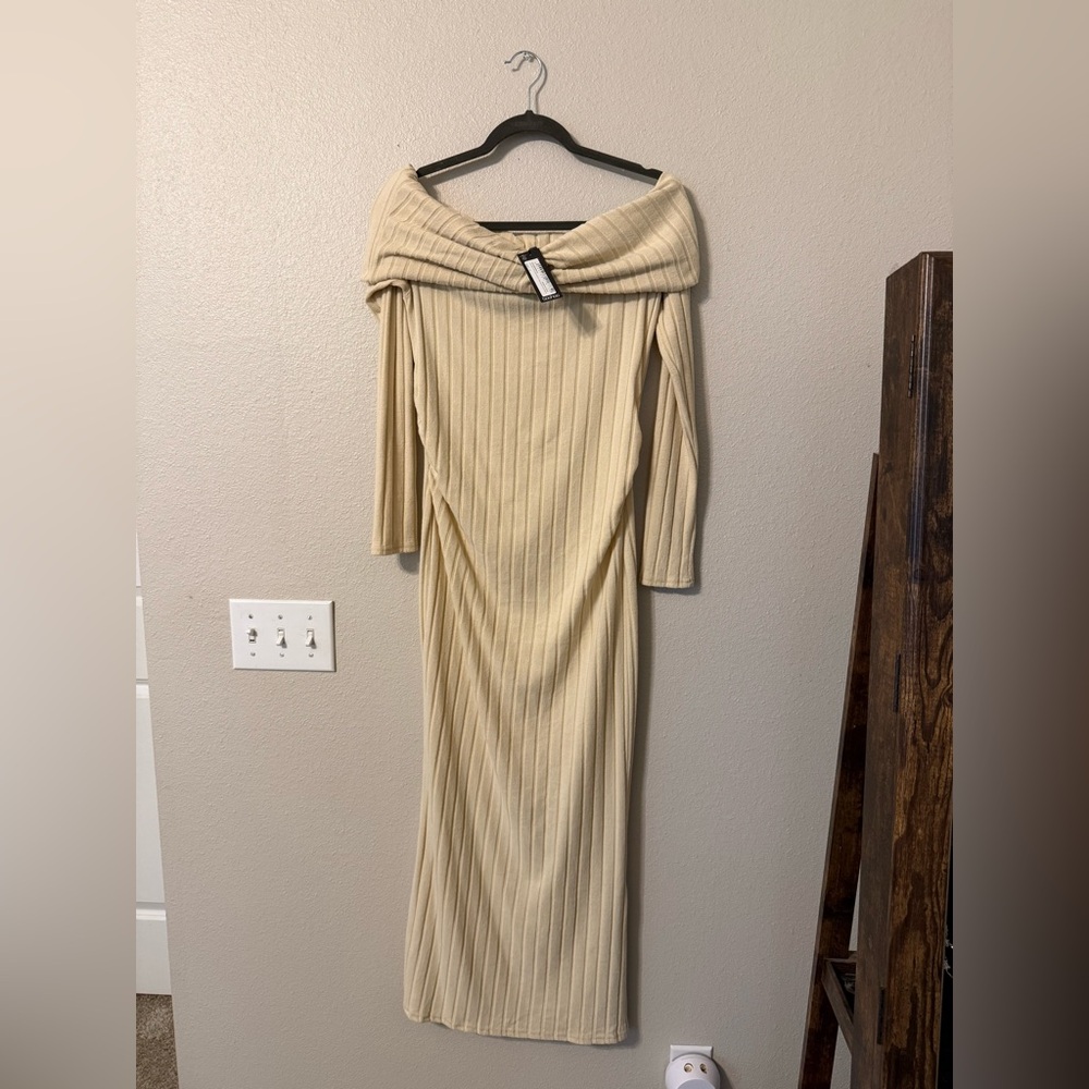 Boohoo Cream Ribbed Off-Shoulder Dress